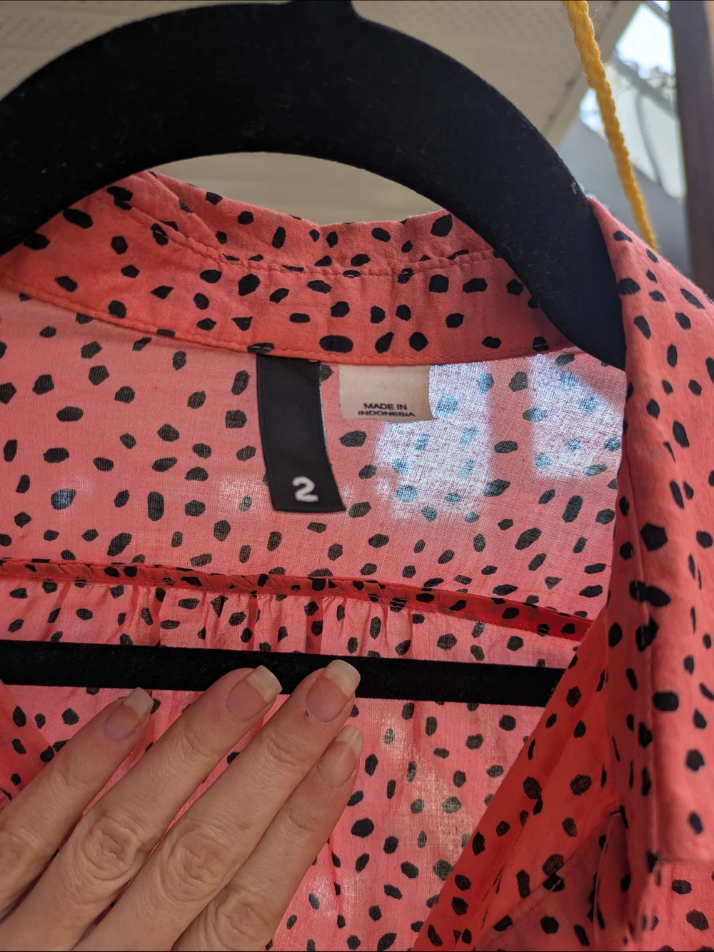 Women’s Coral Pink Button-Down Blouse with Black Dot Print - Picture 5 of 8